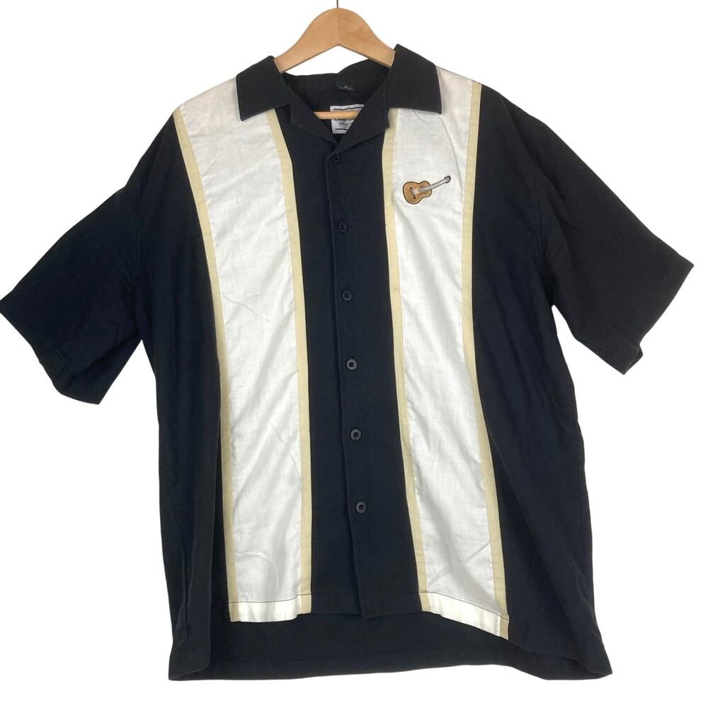 David Carey Bowling Shirt XL Black White Guitar Embroidery Hawaiian Retro Stripe